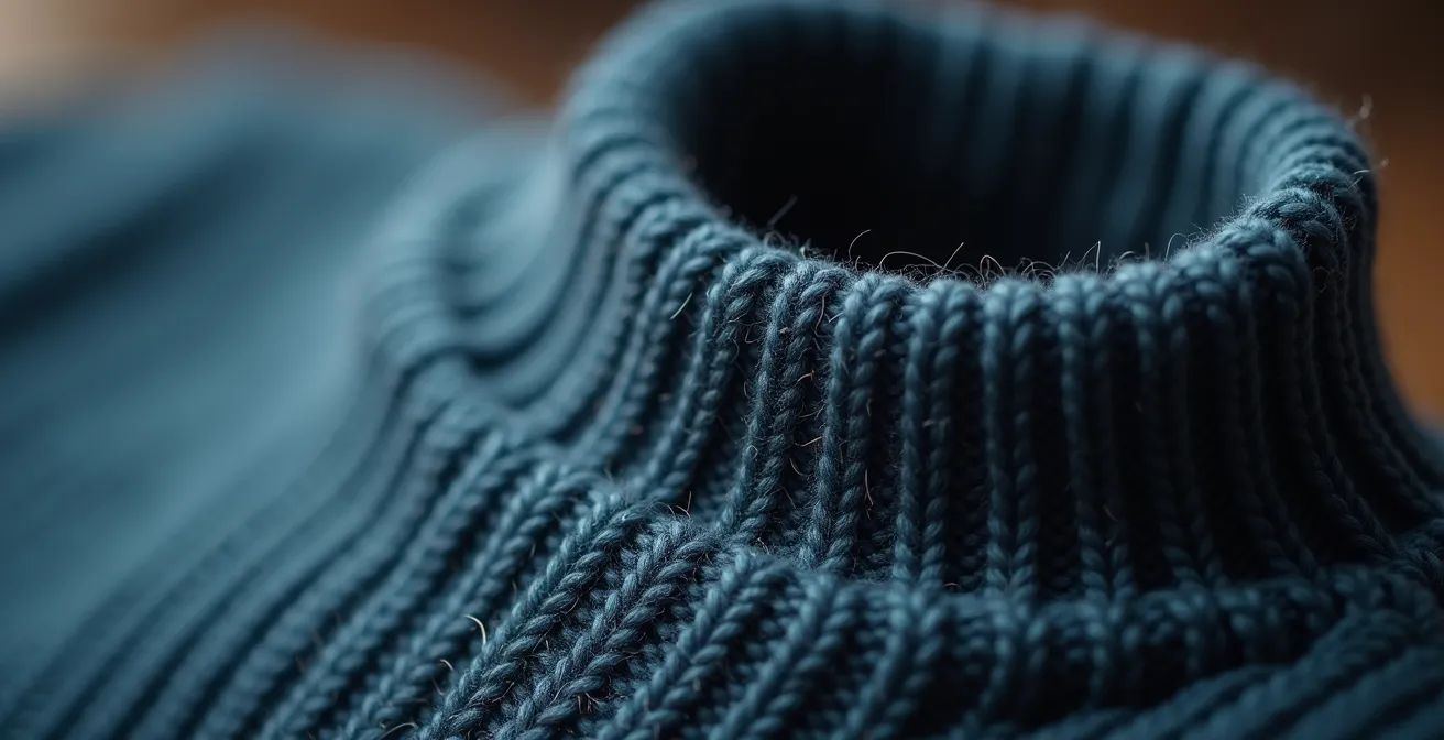 Détail photo macro des coutures intérieures soignées d’un pull fully-fashioned