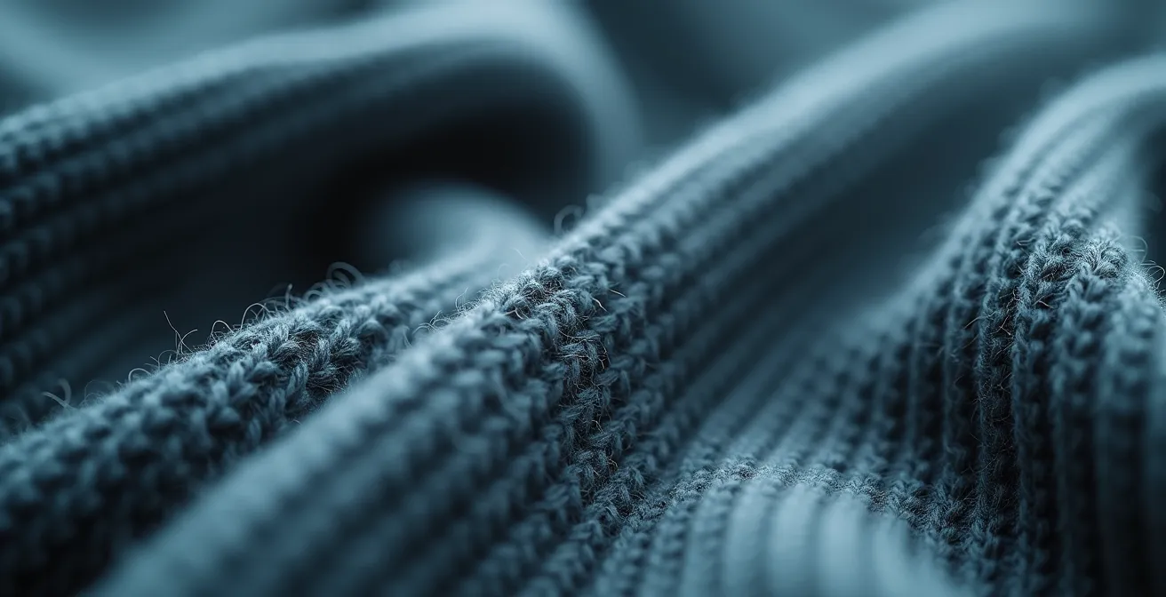 Vue symbolique d'une maille de pull en laine de haute qualité, mettant en avant son élasticité et sa finesse